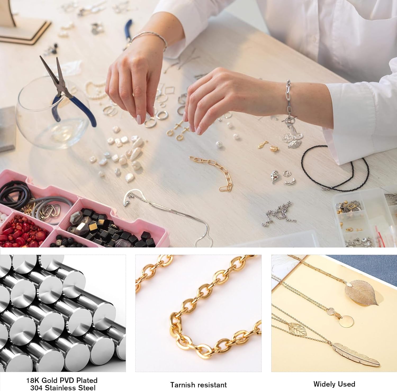 33 Feet 18K Gold PVD Plated Stainless Steel Cable Chain Bulk, 2.5mm 304 Stainless Steel Flat Cable Link Chains Roll Spool for Jewelry Making Necklace DIY Craft - Image 2