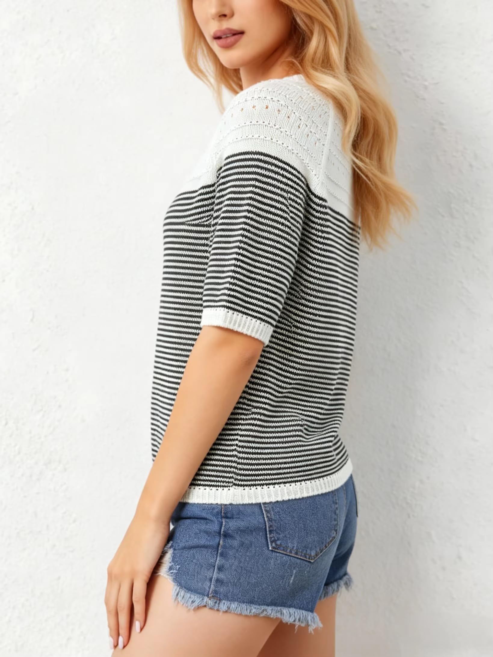 MORISTE Maglia Casual Donna, Top a Righe Maniche Corte Collo Rotondo per Pendolari Primavera Estate