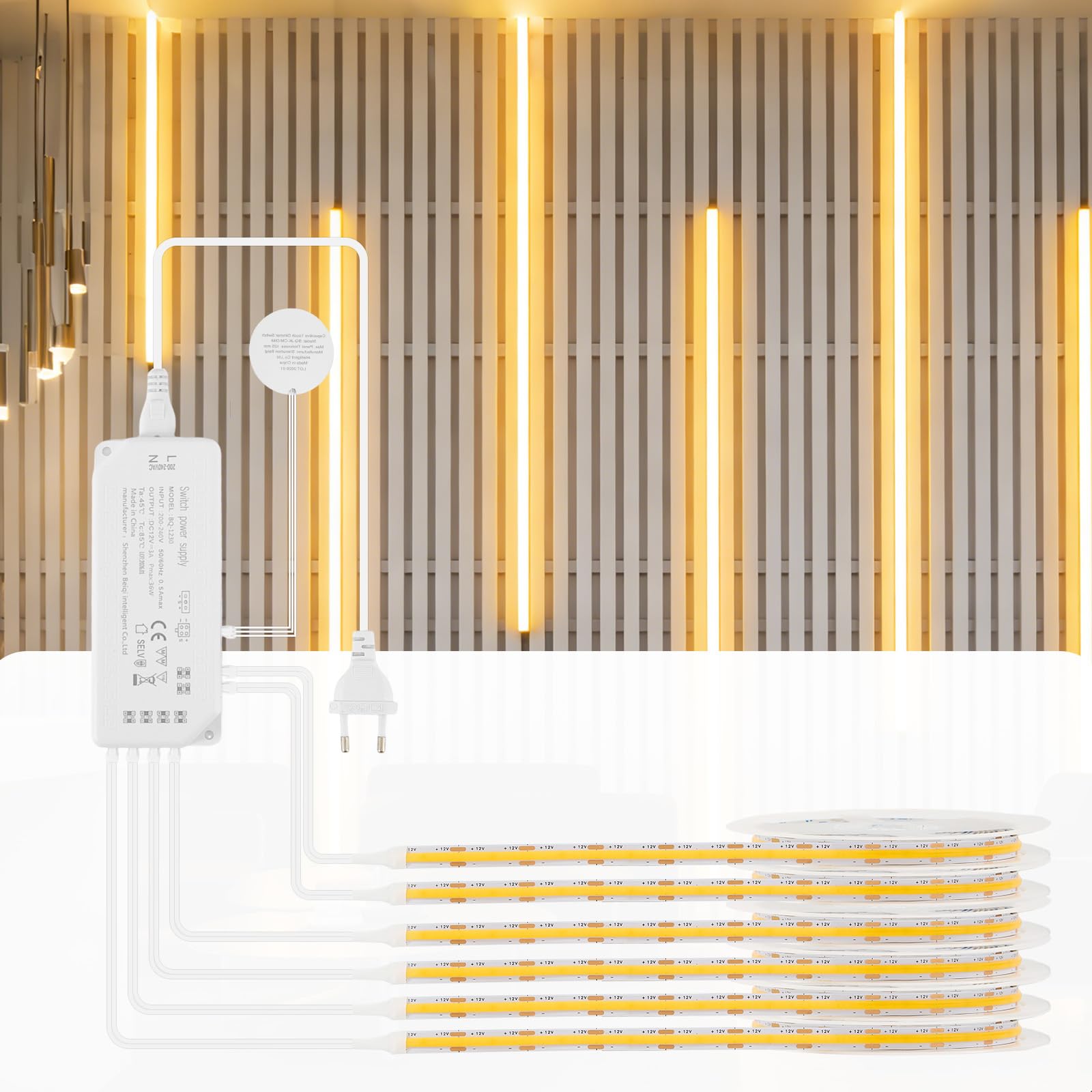 Ruban LED COB 6 x 1 m, Dimmable Contrôle Tactile pour Éclairage de Panneaux Acoustiques, Vitrines, Armoires, Cuisines, Caves à Vin, Présentoirs et Étagères, 3000K