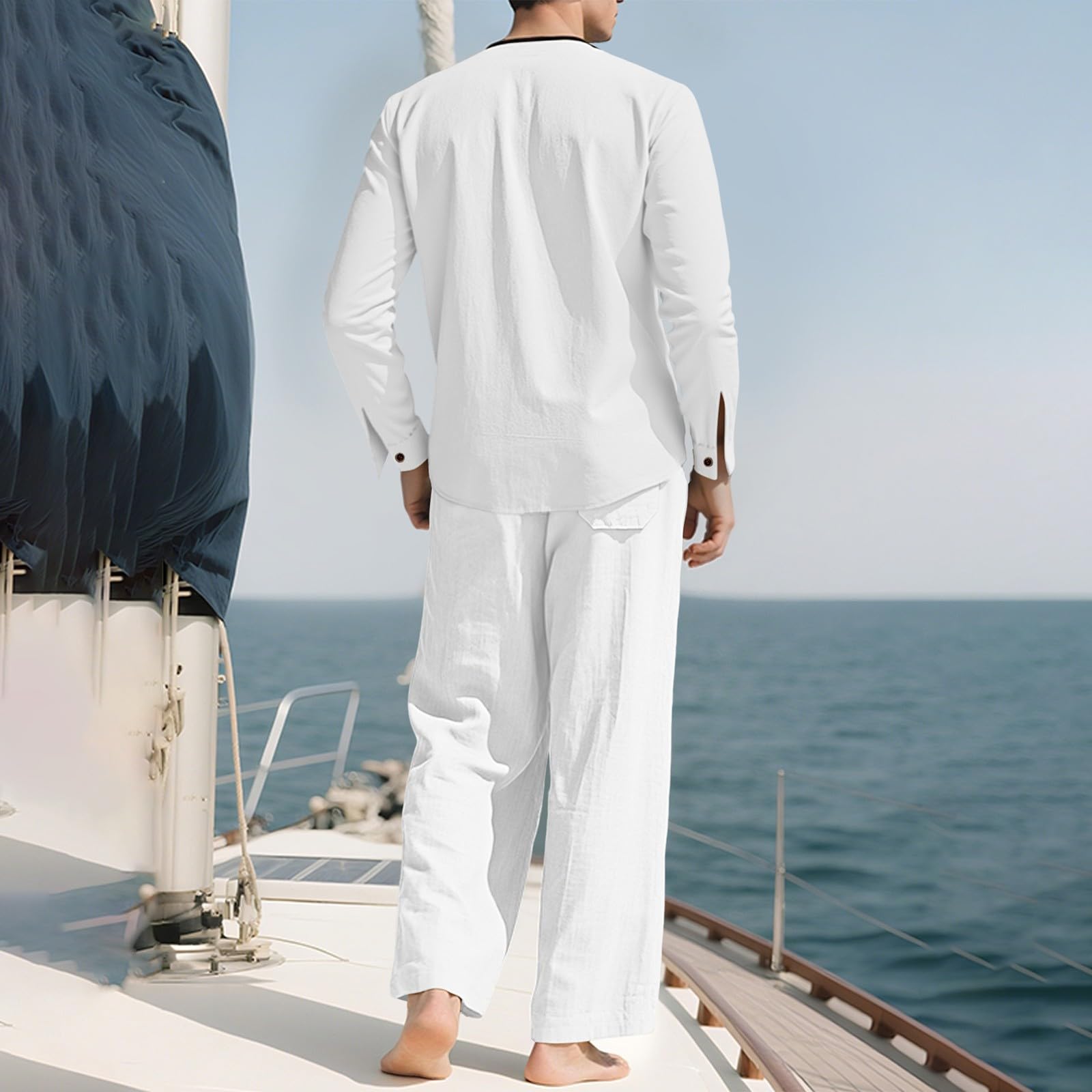 Traje de ocio para hombre de verano, traje de jogging de 2 piezas, tela de lino, transpirable, traje de casa, cuello redondo, camiseta de manga larga y holgado, traje de ocio para camping, casa