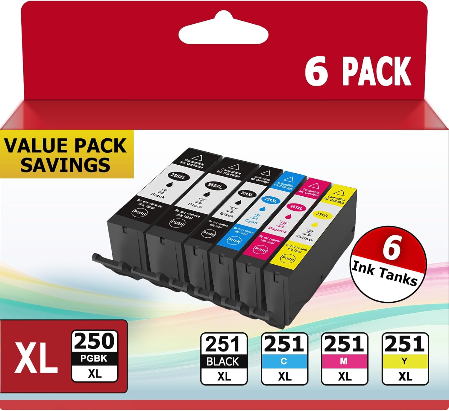 PGI-250XL CLI-251XL Compatible for Canon 250 and 251 Ink Cartridges Work with Canon PIXMA MX922 MX920 IX6820 MG5520 MG7520 IP8720 MG6620 (2PGBK 1Black 1Cyan1 Magenta 1Yellow, 6XL Pack)