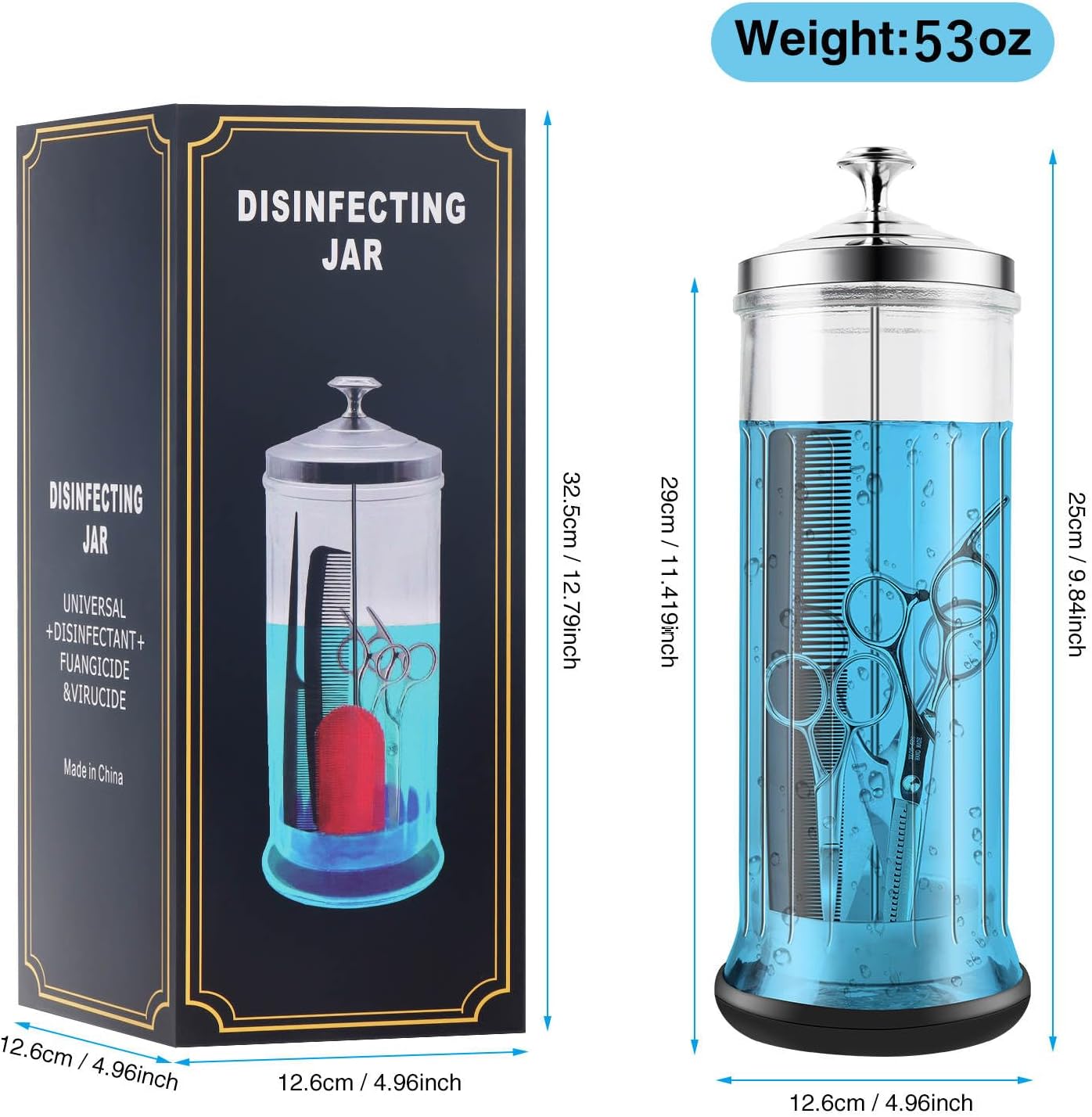 53 Oz Large Glass Disinfectant Jar with Removable Basket & Stainless Steel Lid Anti-Slip Base Durable Sanitizing Container for Barber Tools, Combs, Brushes Nail Tools & Implements