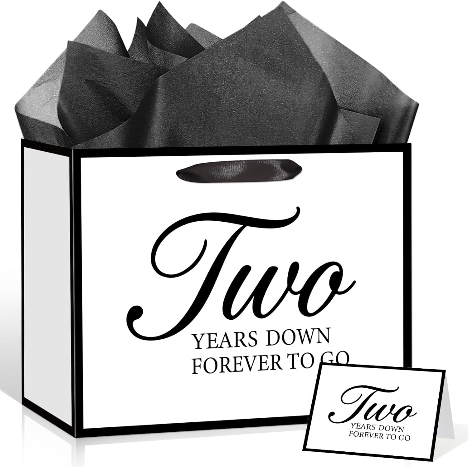 TagreSpike 1st Anniversary Paper Gift Bag with Tissue Paper and Card - Large One Year Down Forever to Go Wrapping Bag - Black and White Paper Anniversary Party Supplies for Husband Wife