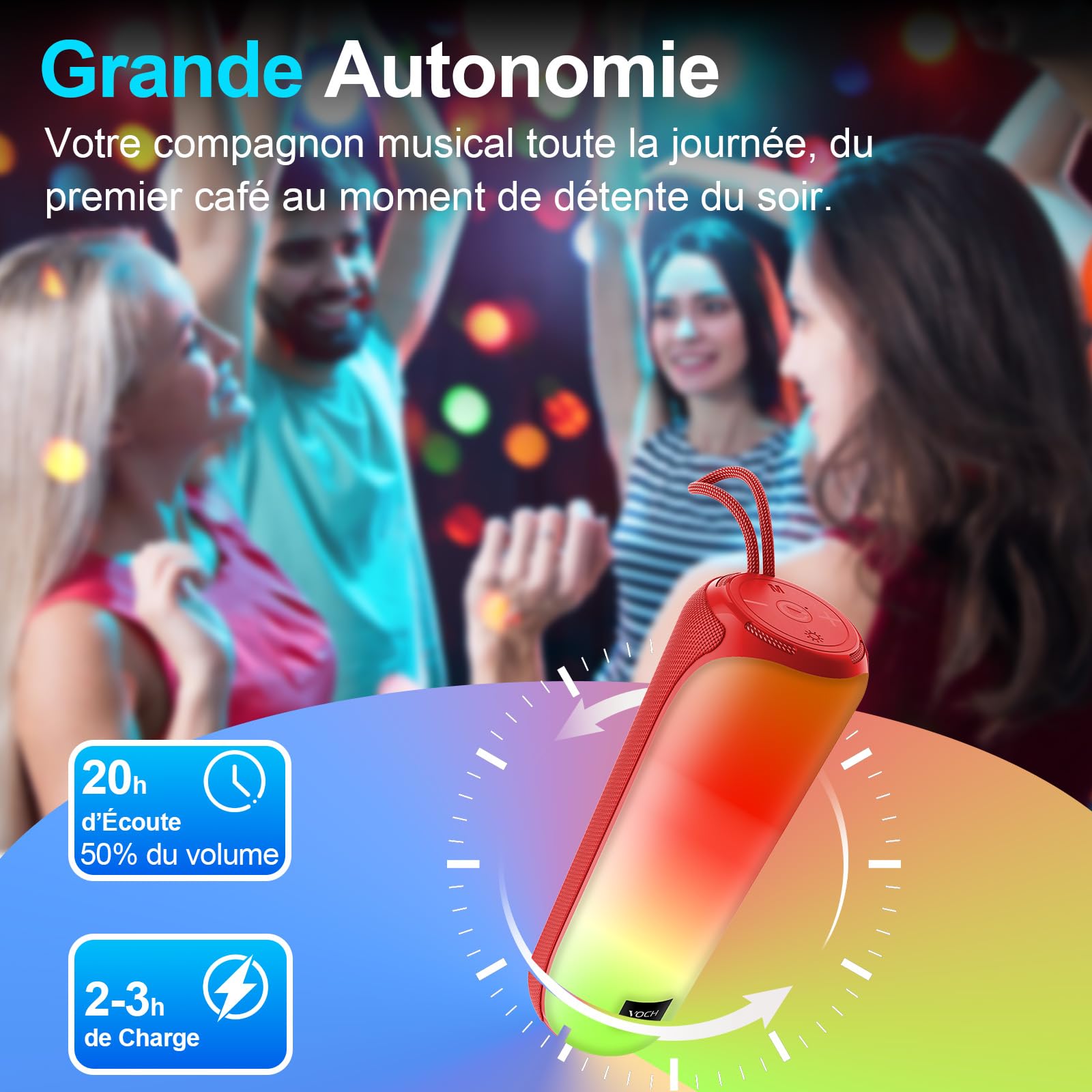 VOCH Enceinte Bluetooth Portable sans Fil Haut-Parleur avec Lumières RGB, 40W Stéréo Puissante, Bluetooth 5.3, Appairage TWS, Étanche IPX7, 20H Autonomie pour Fête, Maison, Extérieur, Voyage (Rouge)
