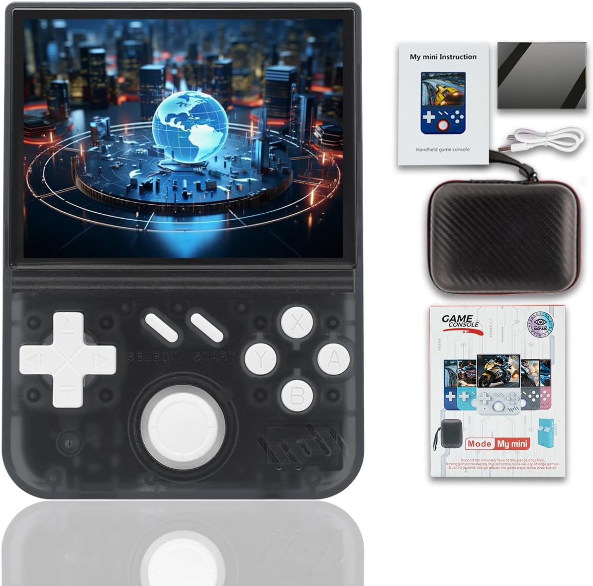 My Mini Handheld Game Console 3.5-in 640*480 IPS OCA Screen RK3326 4000mAh mymini with Portable Case Black Transparent-64GBVer.