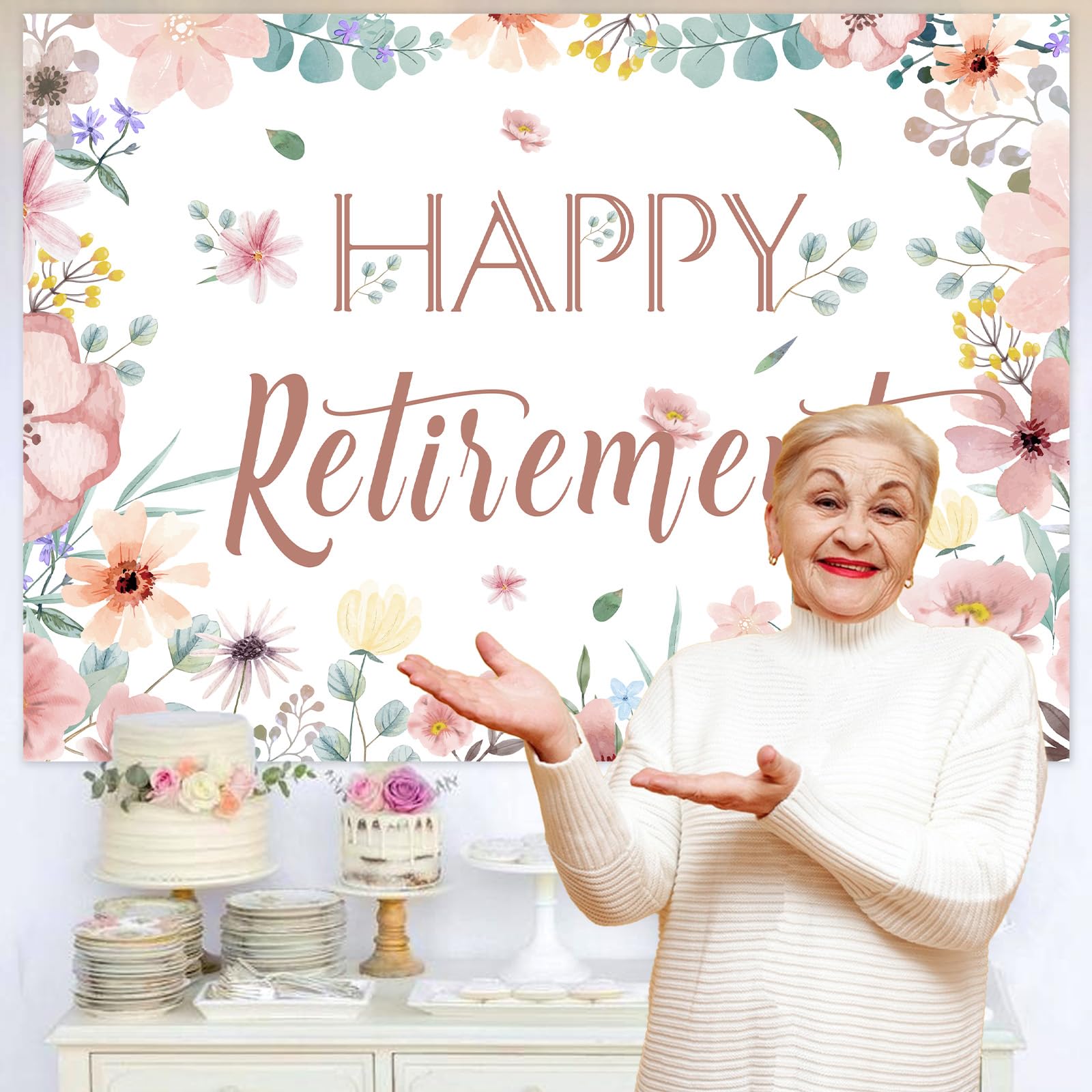 Party-Deko Hintergrund 'Happy Retirement' Mit Blumen – 2,1x1,5 M Polyester Für Fotoshootings