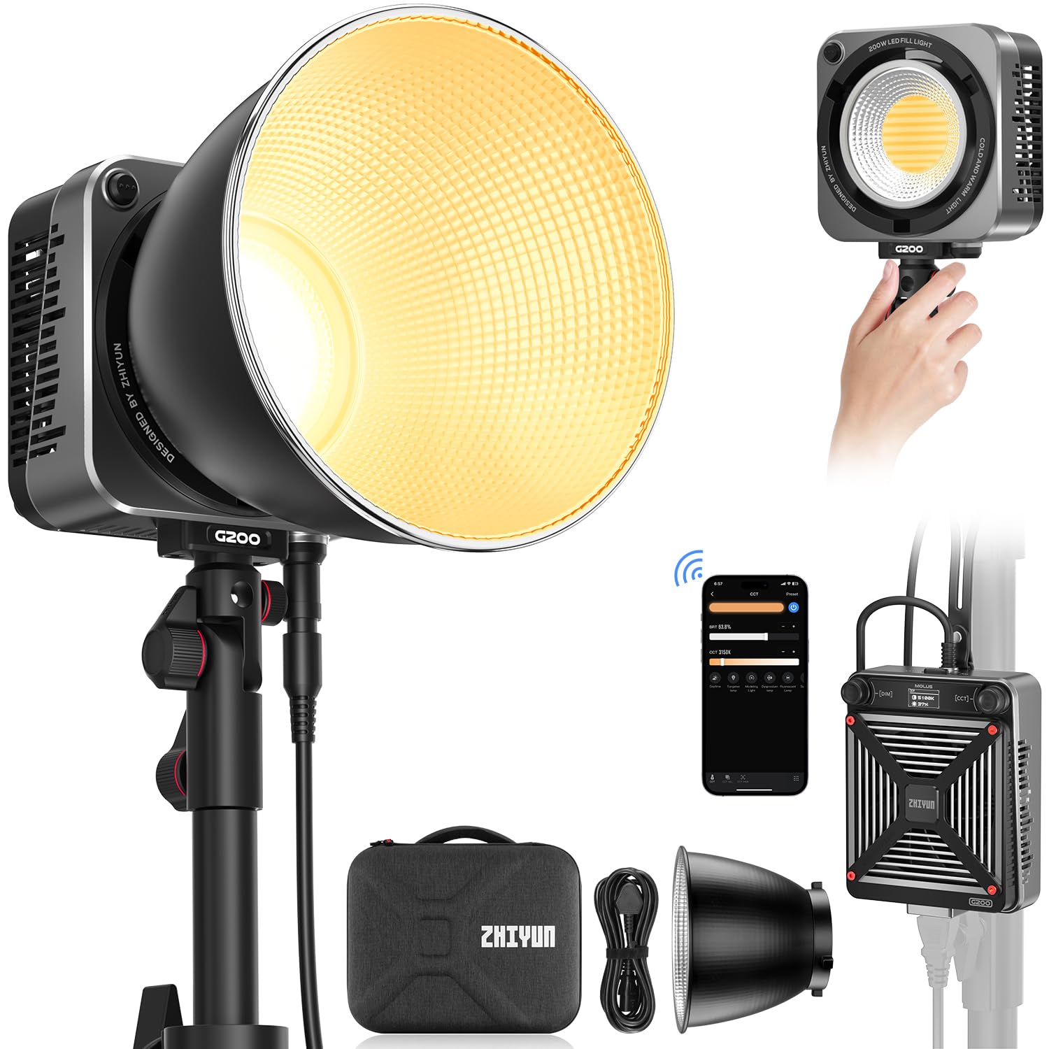 ZHIYUN Molus G200 Videoleuchte 200W, COB LED Videolicht mit Bowens 