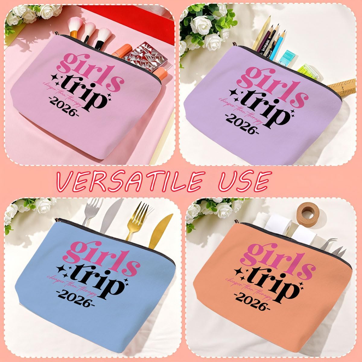 6 Pcs Girls Trip Gifts Set - Insulated Makeup Cosmetic Travel Bag Kit for Women , Bachelorette Weekend Favors, Spa Vacation Essentials, Mother's Day Christmas Birthday Gift for Friends Daughter