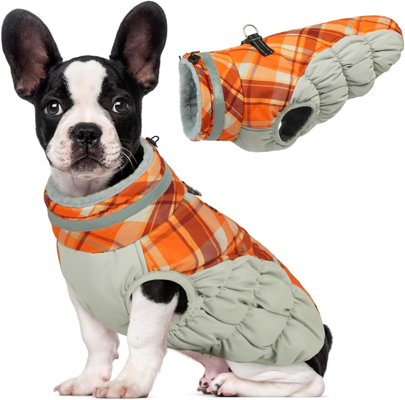 Casaco de inverno para cães com gola alta, forro de fleece e argolas para guia LeLePet