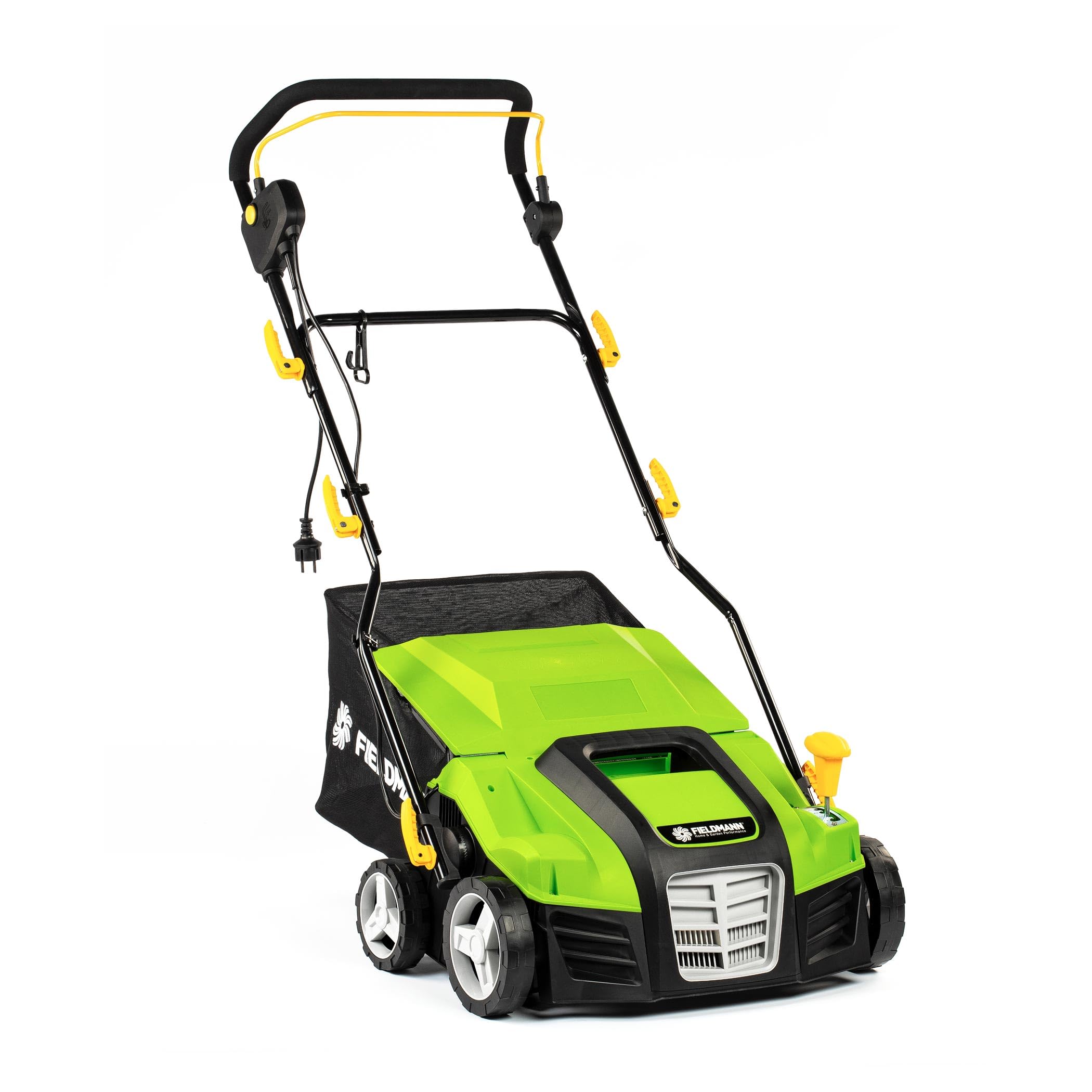 Escarificador y rastrillo eléctrico 2 en 1: Motor de 2000 W, Ancho de 400 mm, depósito de 50 L, Mango Ajustable, Profundidad de Corte de -15 a +3 mm, 2 Cilindros, fácil Mantenimiento, 104 dB