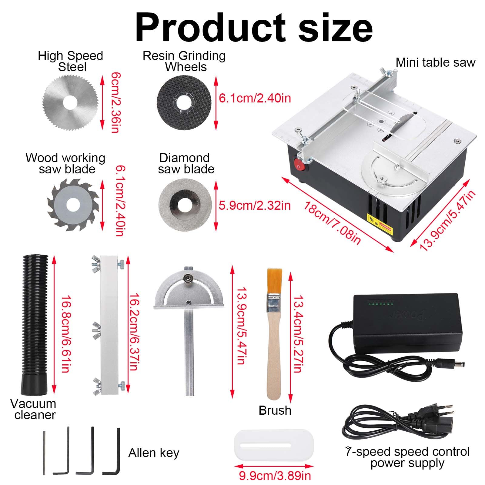 Mini stołowa pilarka tarczowa do obróbki drewna, przenośna, precyzyjna stołowa piła tarczowa z 7-biegowym zasilaczem, regulowana wysokość brzeszczot piły Table Saw 0,1-15 mm, ułatwienie pracy dla