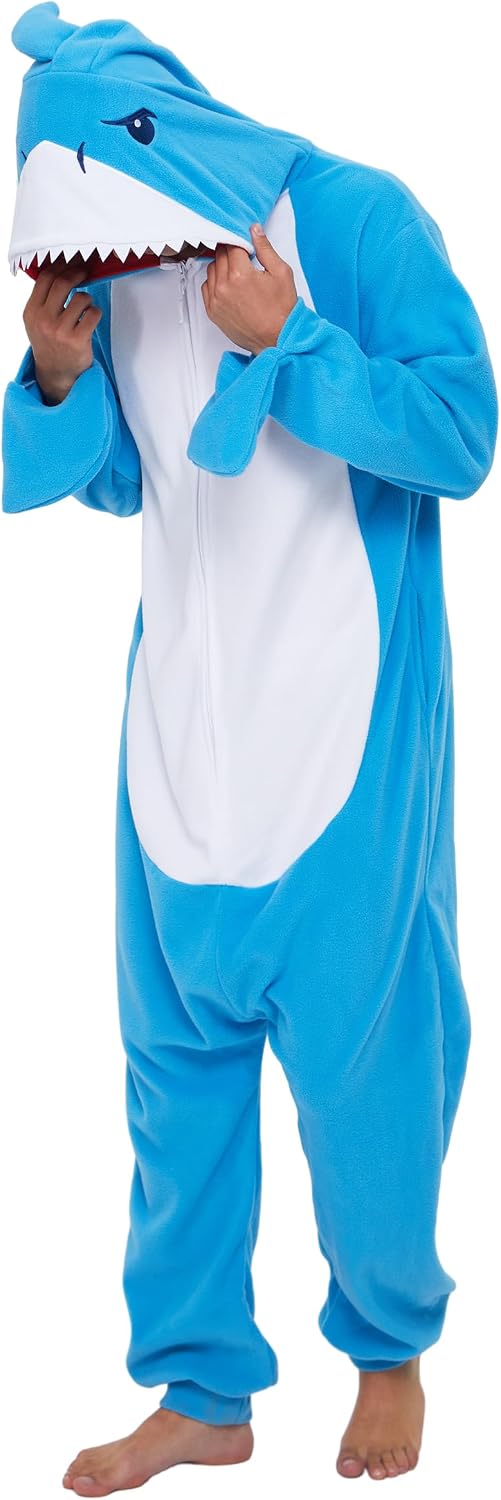 dressfan Unisex Adults Blue Shark Costume Halloween Cosplay Costume Onesie Pajamas Hooded for Women Men