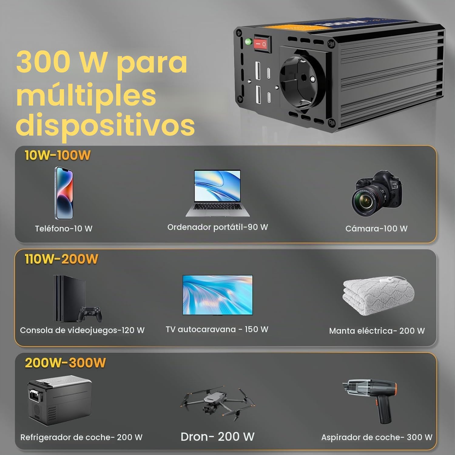 300W/600W Inversor 12V 220V Onda Pura Transformador, Inversor para coche, convertidor de corriente con 4 puertos USB y 1 salida CA. Fuente de alimentación al aire libre, aleación de aluminio