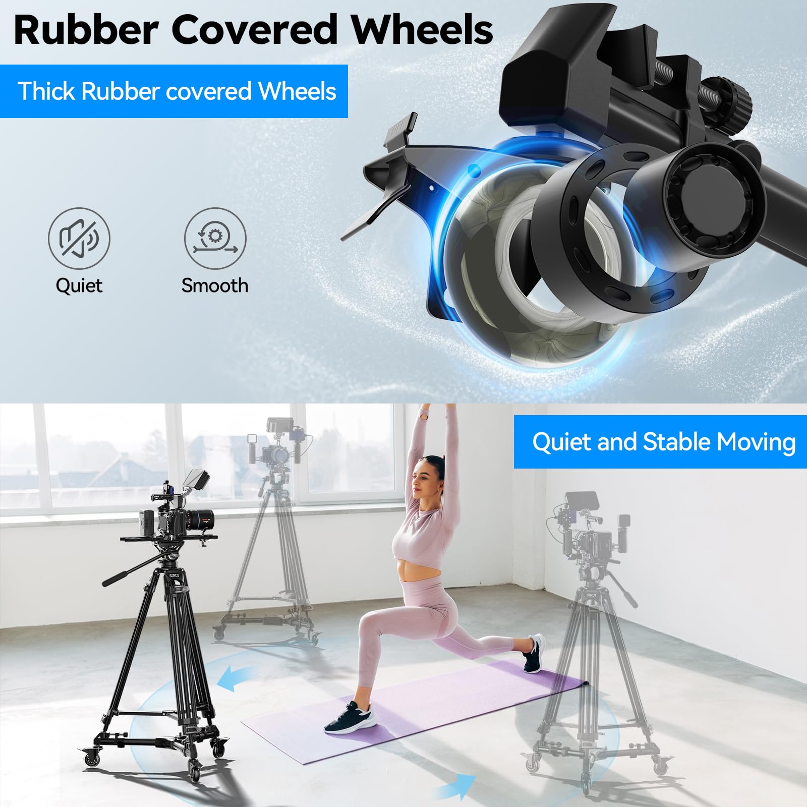 SIRUI Universal Photography Tripod Dolly con Ruote in Gomma da 3", Resistente con Gambe Regolabili e Borsa per il Trasporto, Capacità di Carico di 33 Libber - AM-DF02