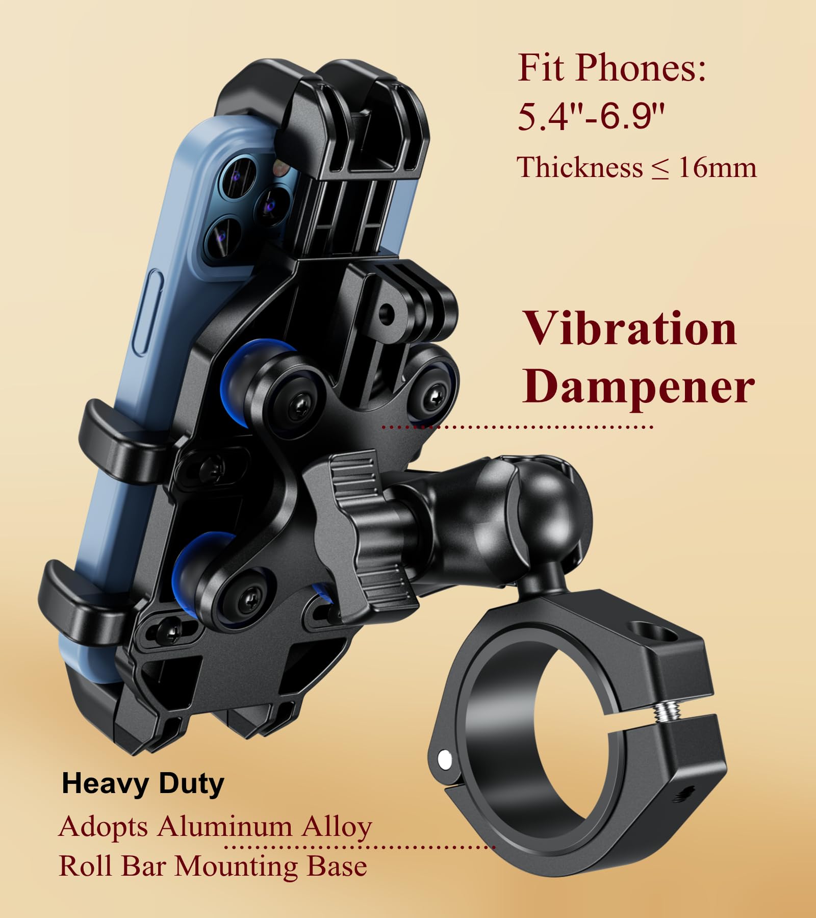 BRCOVAN Soporte para teléfono UTV con amortiguador de vibración, soporte ajustable resistente para teléfono celular UTV para teléfono celular compatible con teléfonos inteligentes de 1.5 pulgadas,