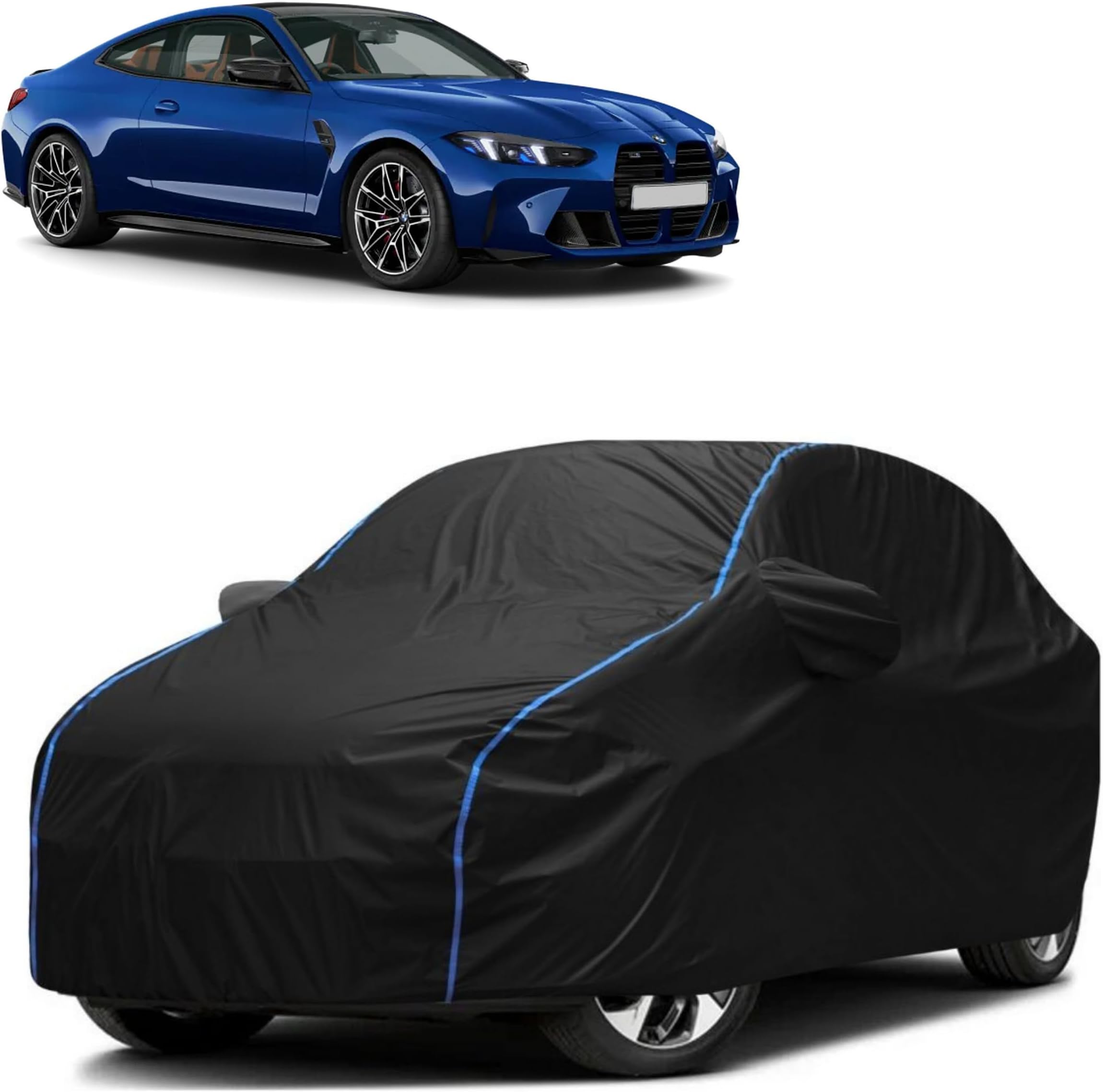 FAVY All Weather Resistant Car Body Cover Compatible with BMW M4 Scratch Proof, Anti-Dust, UV Protection with Windproof Buckle Strap and Mirror Pockets, Bottom Elastic Fitted-Black