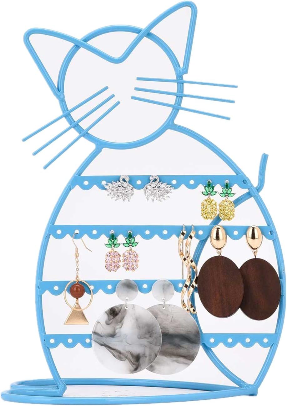 Urban DecoJewelry Organizer Stand Cat Shaped Earring Holder Organizer Metal 48 Stud Earring Holes Jewelry Holder, Metal Jewelry Display Vanity Organizer For Girls - Blue