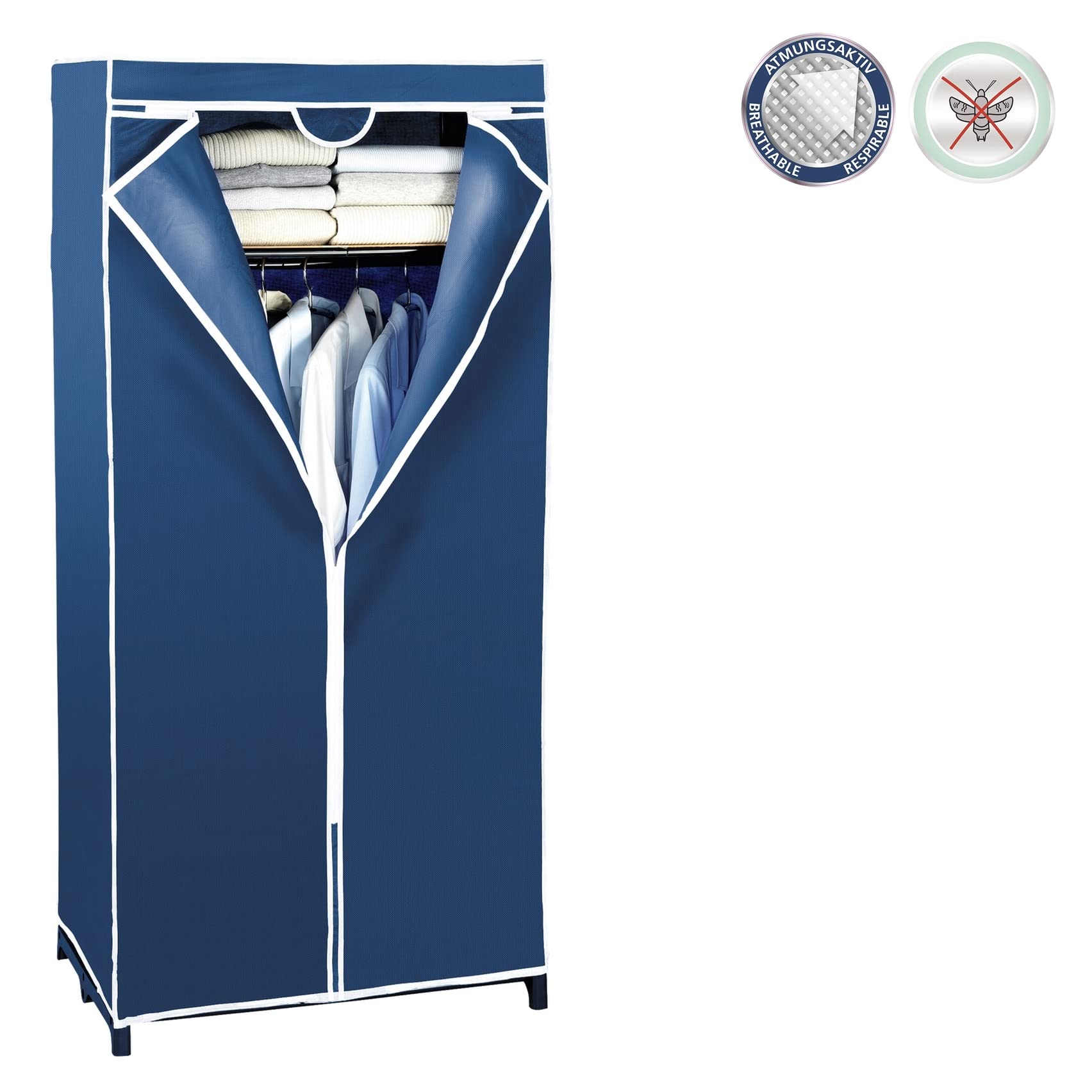 WENKO Kleiderschrank Blu, praktischer Stoffschrank mit Kleiderstange und Ablage zur schonenden Aufbewahrung von Textilien, stabiles Metallgestell und Bezug aus Vlies-Stoff (PP), 75 x 160 x 50 cm, Blau