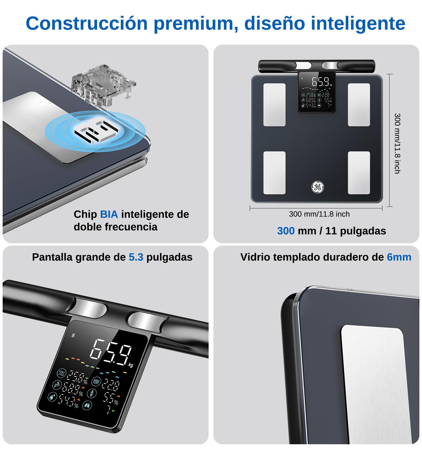 GE Inteligente Bascula de Baño, 8 Electrodos Bascula Grasa Corporal y Muscular IMC 50 Mediciones de Composición Corporal 180 kg Alta Precisión Peso Digital con App Negro