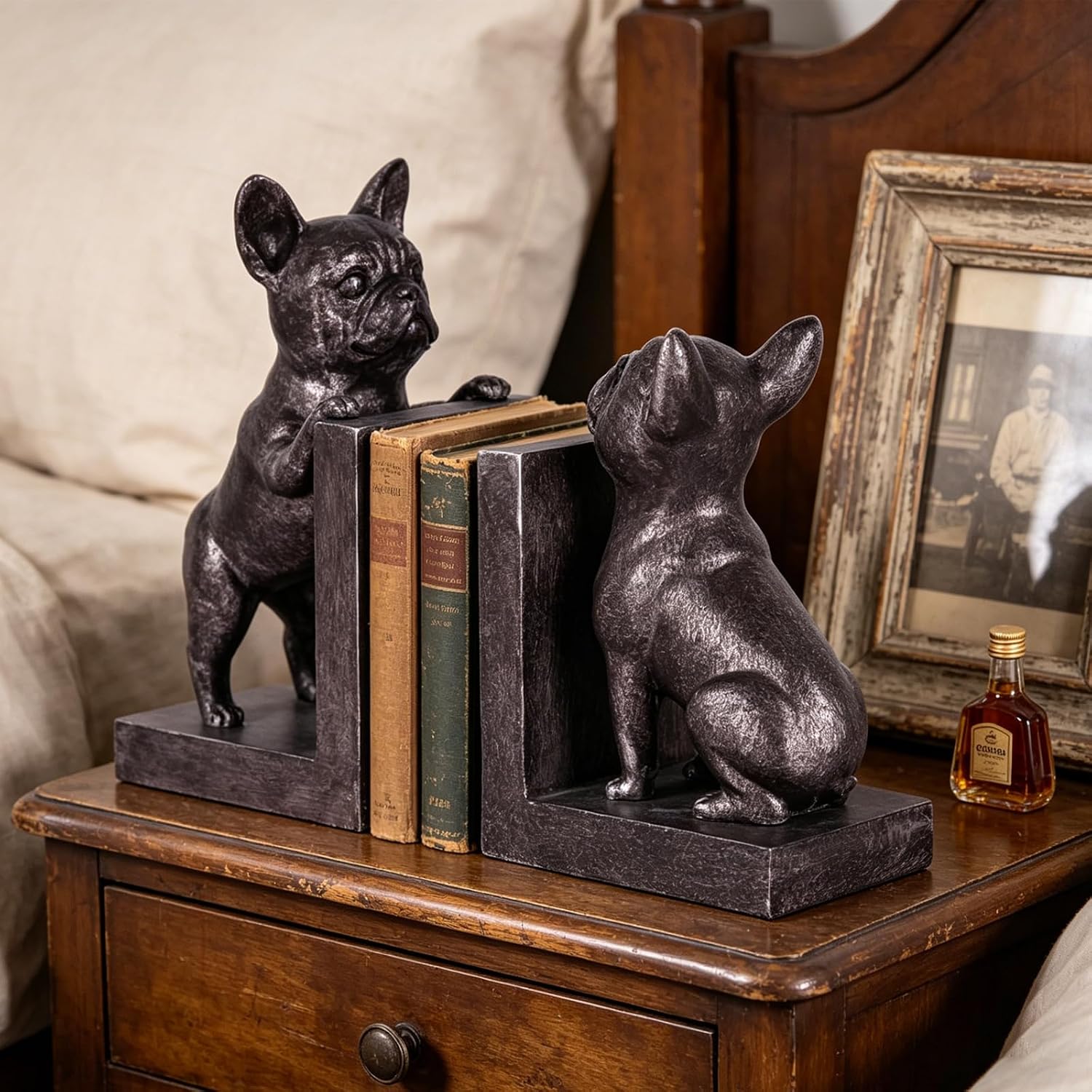 French Bulldog Bookends Decorative Dog Bookends for Shelves, Heavy Duty Resin Animal Bookend, Rustic Black Bronze Vintage Decorative Bookend for Office Bookshelf Decor