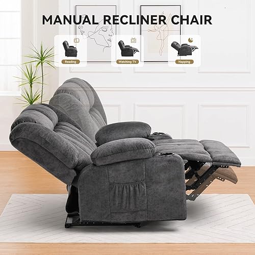 Vista 5 de COMHOMA Sofá reclinable manual, sillón reclinable de tela con portavasos, juego de sillas reclinables tapizadas con bolsillos laterales adecuados