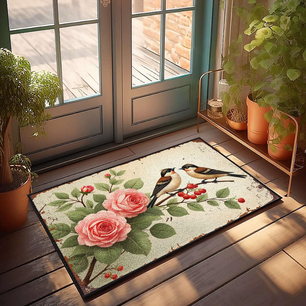 Tapis de cuisine deux oiseaux de style champêtre, paillasson d'extérieur aux finitions soignées