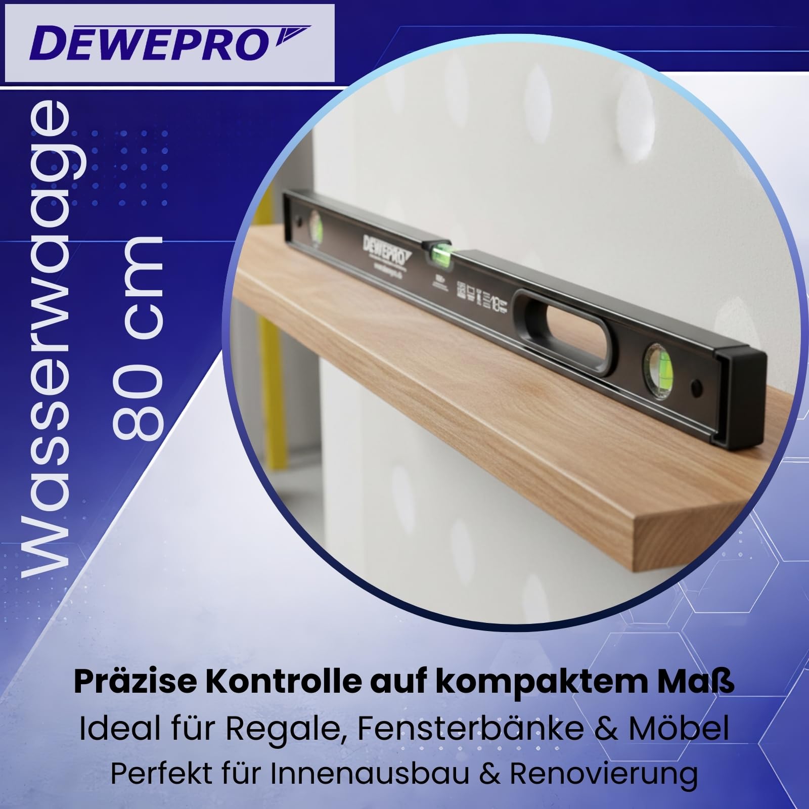 DEWEPRO® Niveau à bulle professionnel en aluminium avec 1 poignée et 3 fioles – Longueur : 80 cm 0,8 m – Tolérance de mesure : 0,5 mm/m – Niveau à bulle en aluminium