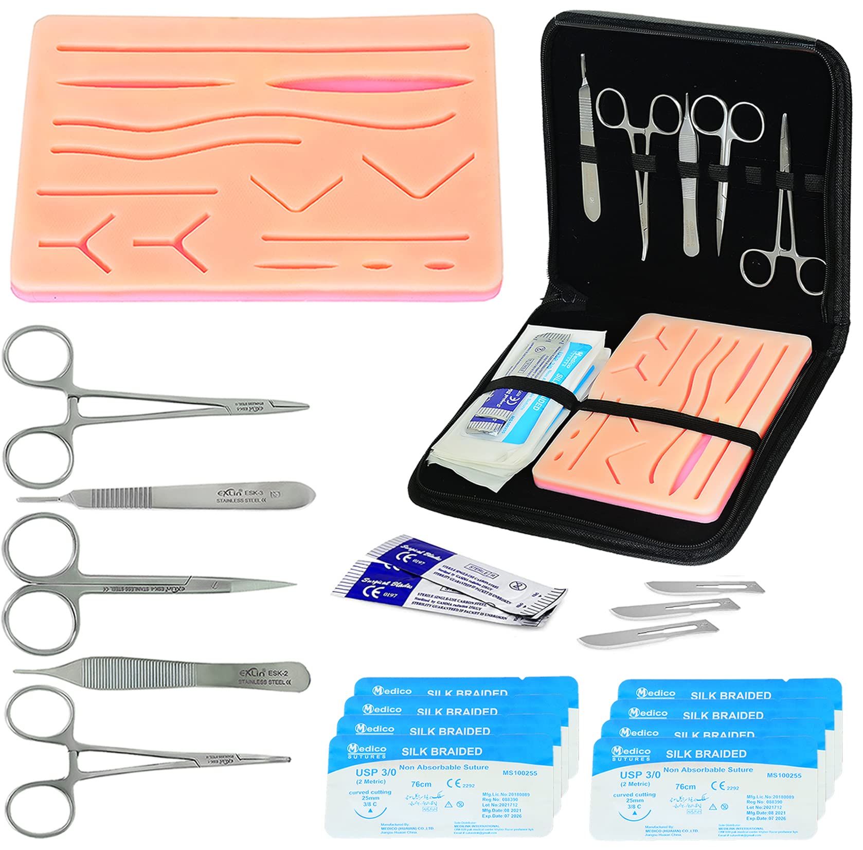 Kit completo per la pratica della sutura per studenti di medicina, veterinari e infermieri per la pratica della formazione, cuscinetto in silicone riutilizzabile con ferite multiple pretagliate