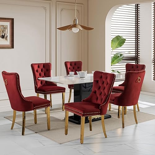 Miniatura 33 de SoarFlash Juego de 6 sillas de comedor de terciopelo, silla lateral de respaldo alto, silla lateral moderna tapizada de alta gama con capitoné y