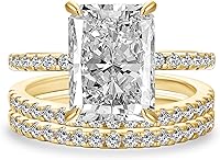 Effinny 4.0ct Crushed Ice Radiant Cut Cubic Zirconia Engagement Ring Set, 14K Gold Plated Sterling Silver Bridal Set with Eternity Band