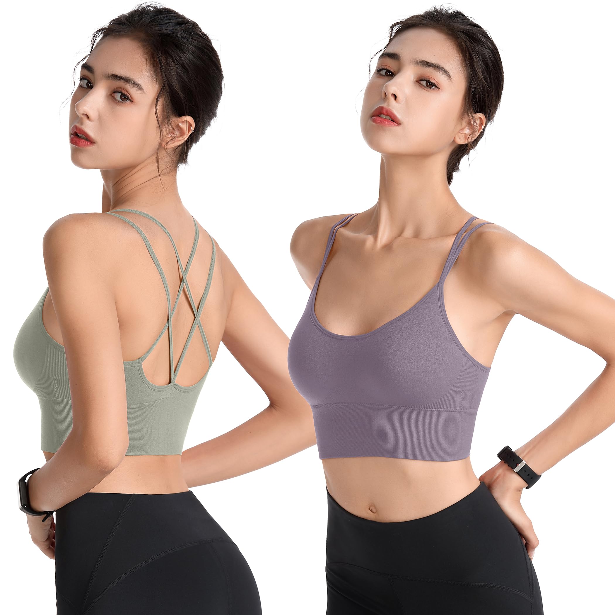 Sujetadores deportivos acolchados para mujer, con tiras cruzadas, espalda cruzada, para yoga, entrenamiento, fitness, correr, gimnasio, parte superior de bajo impacto, Paquete de 4, negro, morado,