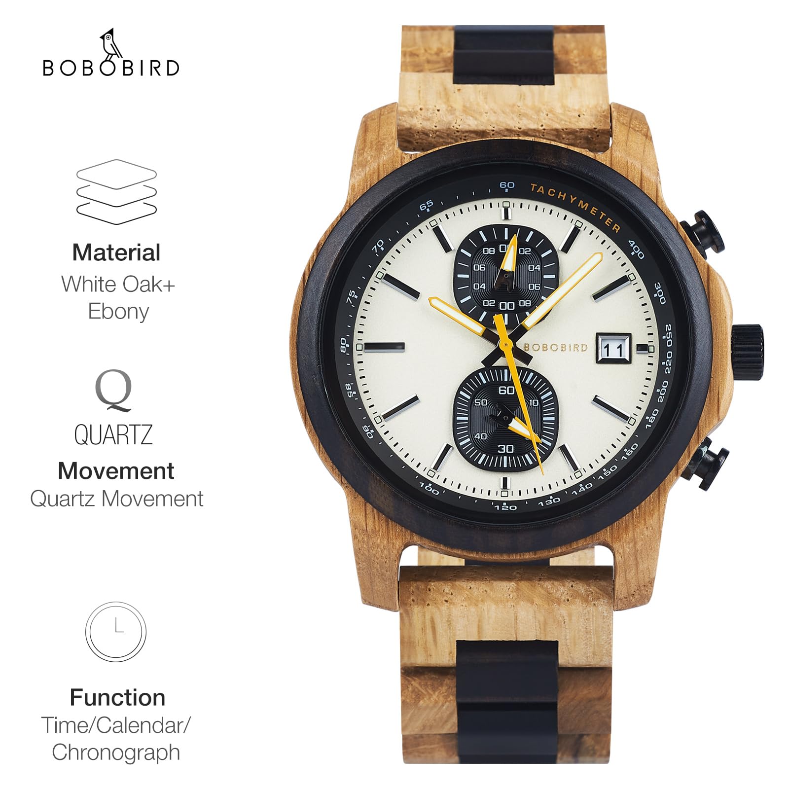 BOBO BIRD Reloj de madera para hombres y mujeres, ultraligero, 50 g, manecillas luminosas, cronógrafo, fecha, casual, regalo de negocios