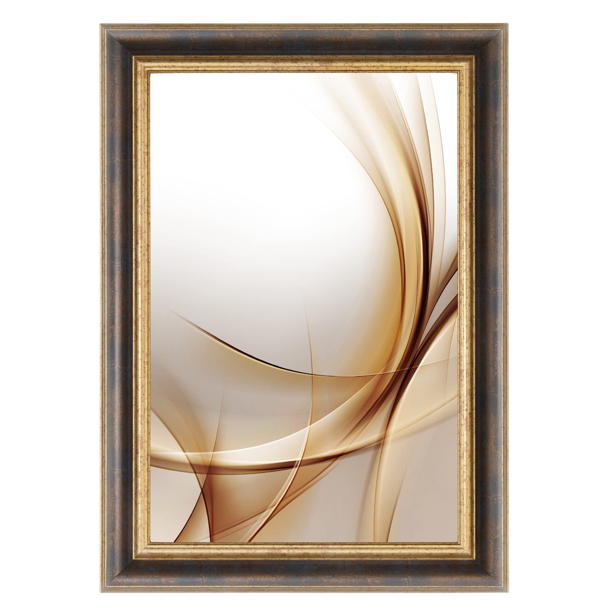 FRAMO N°46 Barock Bilderrahmen 25x36 aus Massivholz | Bronze Gold | Retro Vintage Antik Holzrahmen inkl. bruchsicherer Anti-Reflex Kunstglasscheibe und Metall Aufhängern