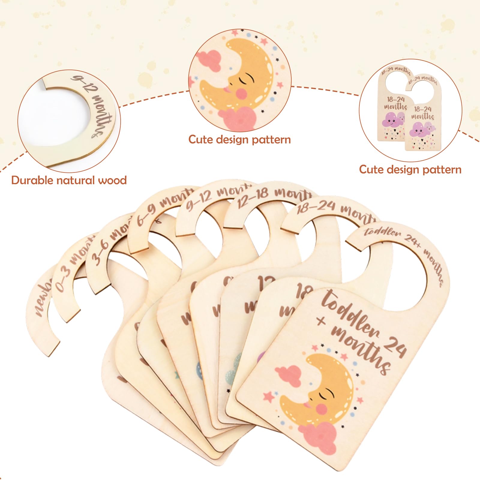 8 Piezas Separadores de Madera para Armario Infantil - Organizadores de Ropa de Bebé Desde Recién Nacido hasta 24 Meses - Decoración para Percha de Guardería para Niños y Niñas - Tamaño 7.5x16CM