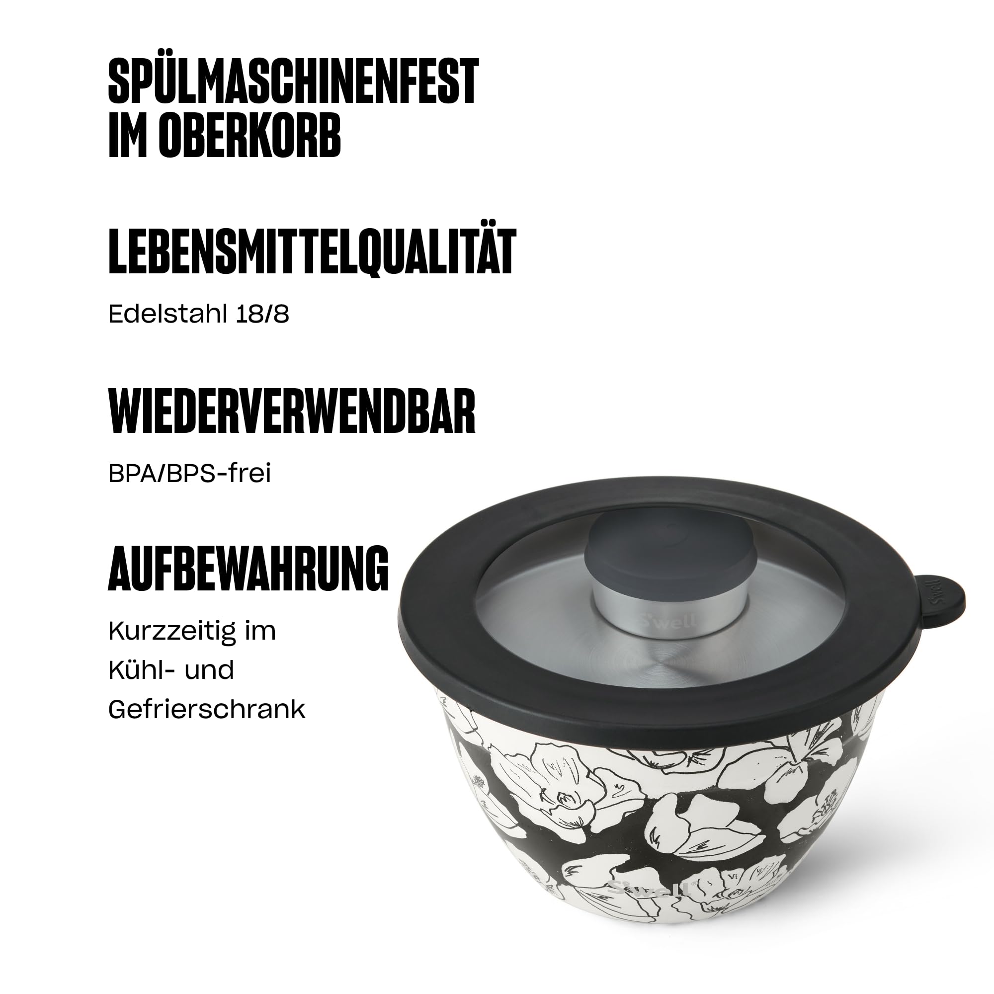 S'well Salatschüssel-Set aus Edelstahl, 1,9 l, Blüten anthrazit, mit 60 ml Gewürzbehälter und abnehmbarer Schale zur Organisation, auslaufsicher, leicht zu reinigen, spülmaschinenfest