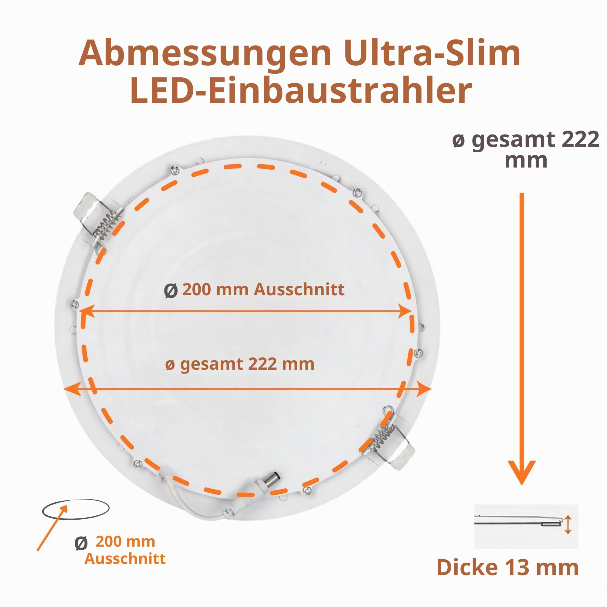 JANDEI - 5er-Pack runde LED-Einbaustrahler, 18 W, 1500 Lumen, extraflach 13 mm, Montageloch Ø 200–205 mm, Kaltweiß 6000k, inklusive Transformatoren