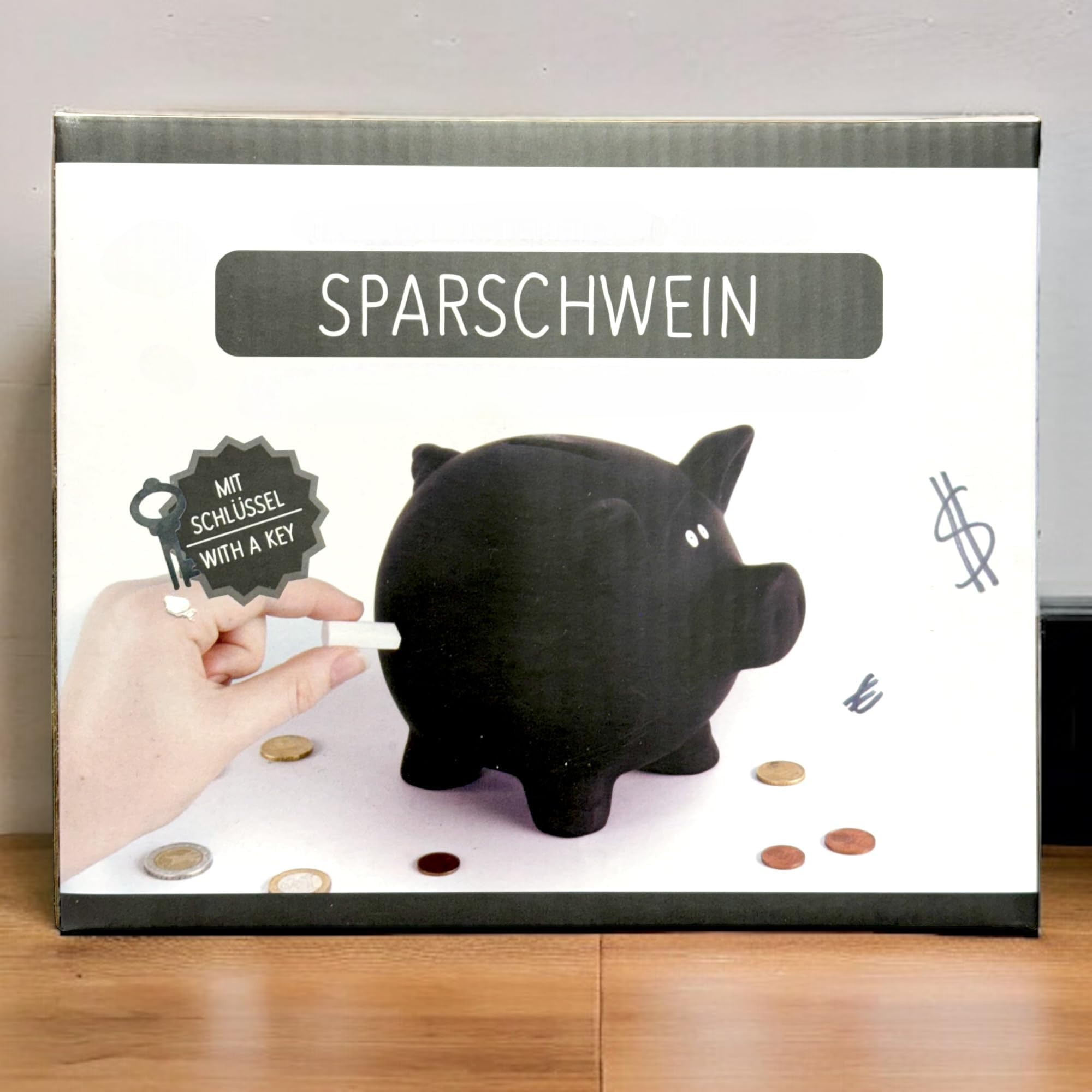 MIJOMA Salvadanaio in ceramica con superficie lavagna, include gesso, serratura con chiave, 17,5 x 13,5 x 14,4 cm, colore: nero