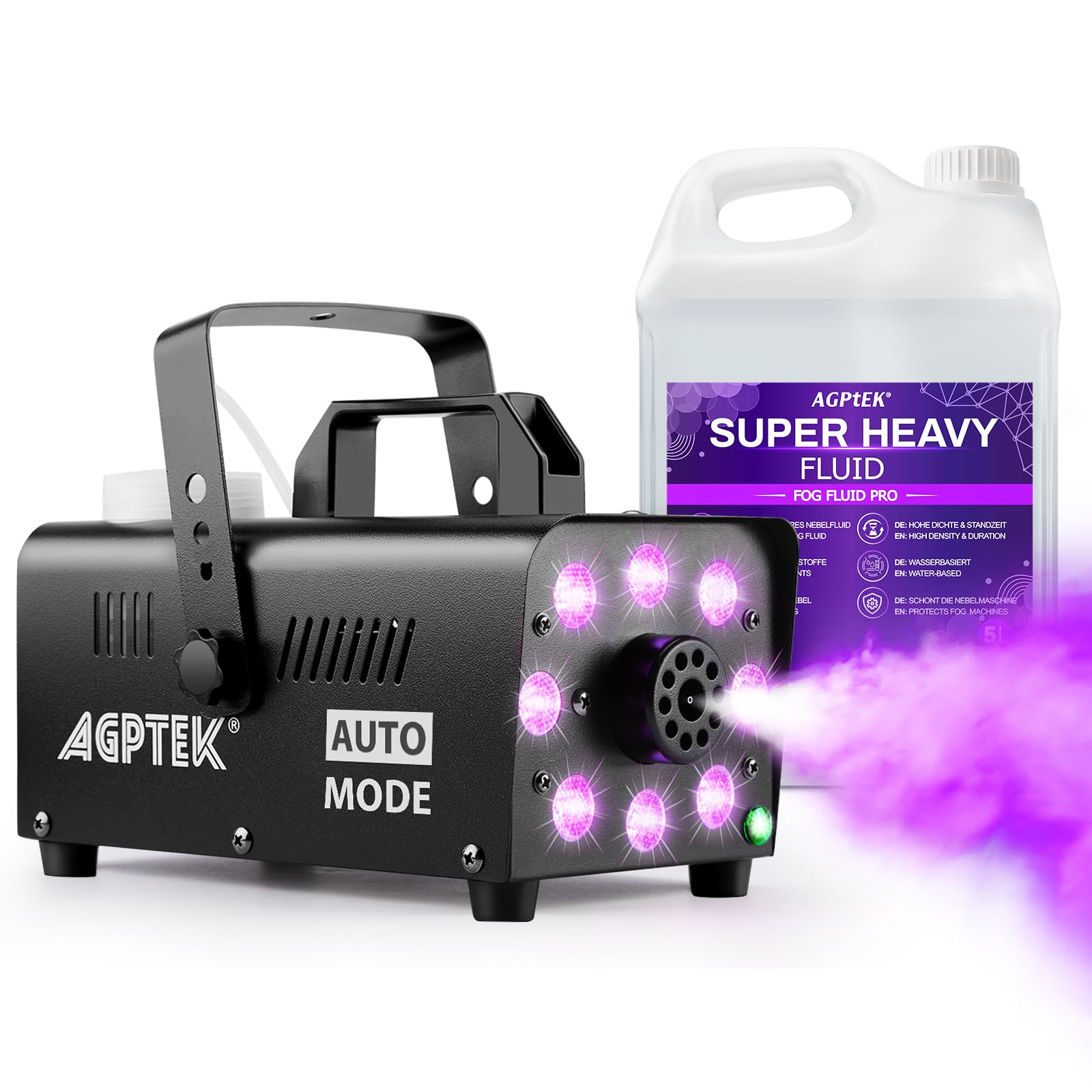 AGPtEK Nebelmaschine & 5L Nebelfluid mit hoher Dichte Set | Rauchmaschine mit Auto-Sprühmodus, 13 RGB-LEDs, 2000CFM, wasserbasiertes Fluid (400-1500W) für weiße Effekte innen & außen