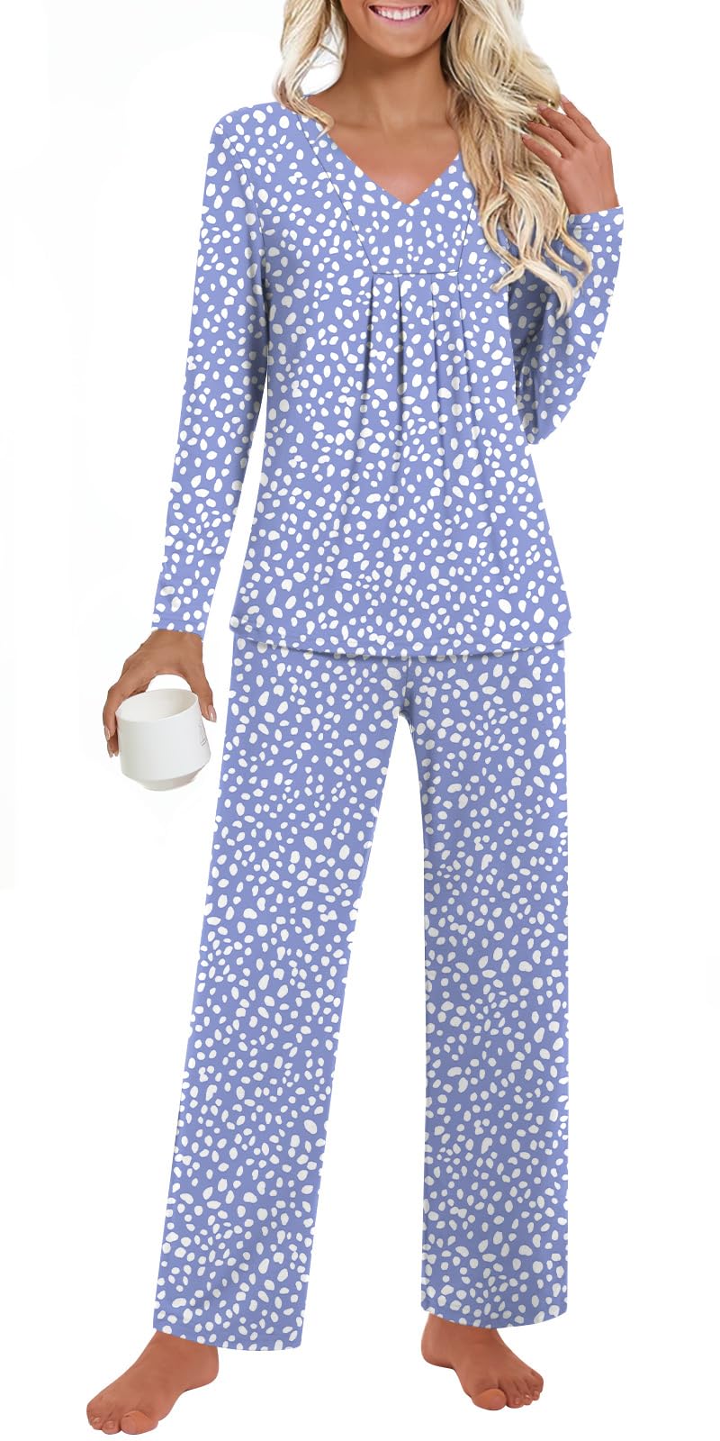 Anyhold Womens Fall Pajama Sets 2 Piece Long Sleeve Pjs Ladies Sleepwear Pleated Outfits Lounge Set with Pockets