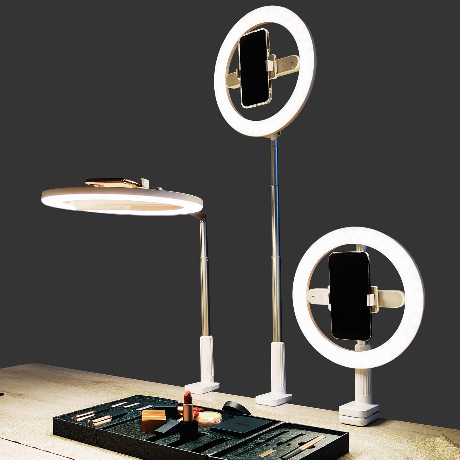 Fockety Anello Luminoso per Selfie, Anello Luminoso Pieghevole con Supporto per Telefono, Lampada Circolare a LED Dimmerabile con 3 Temperature di Colore e 5 luminosità per la