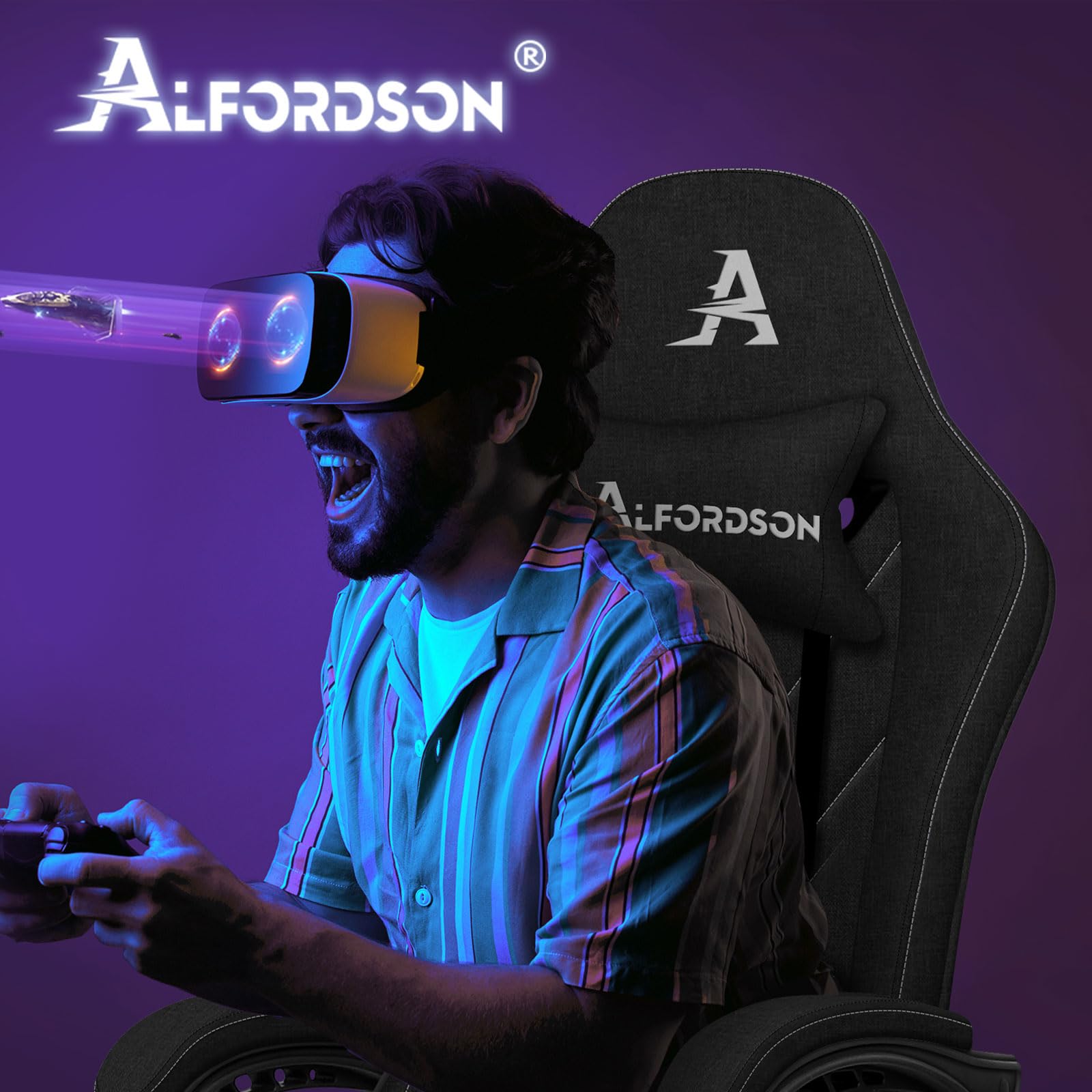 ALFORDSON Sedia Gaming Massaggiante, Sedia Gamer con Poggiapiedi Telescopico, Poltrona Ergonomica da Ufficio con Cuscino Lombare & Poggiatesta Regolabili, Regolabile 90-150°, Tessuto(Nera)
