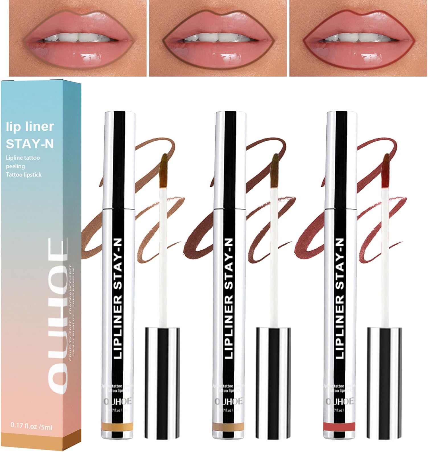 3Pcs Removable Lip Liner, Detachable Lip Liner, Peel Off Lip Liners Tattoo, Peel off Lips Stain Plumps Up Lips Colour, Waterproof Long Lasting Non-fading Lips Contour Makeup Lipsticks for Women Girl