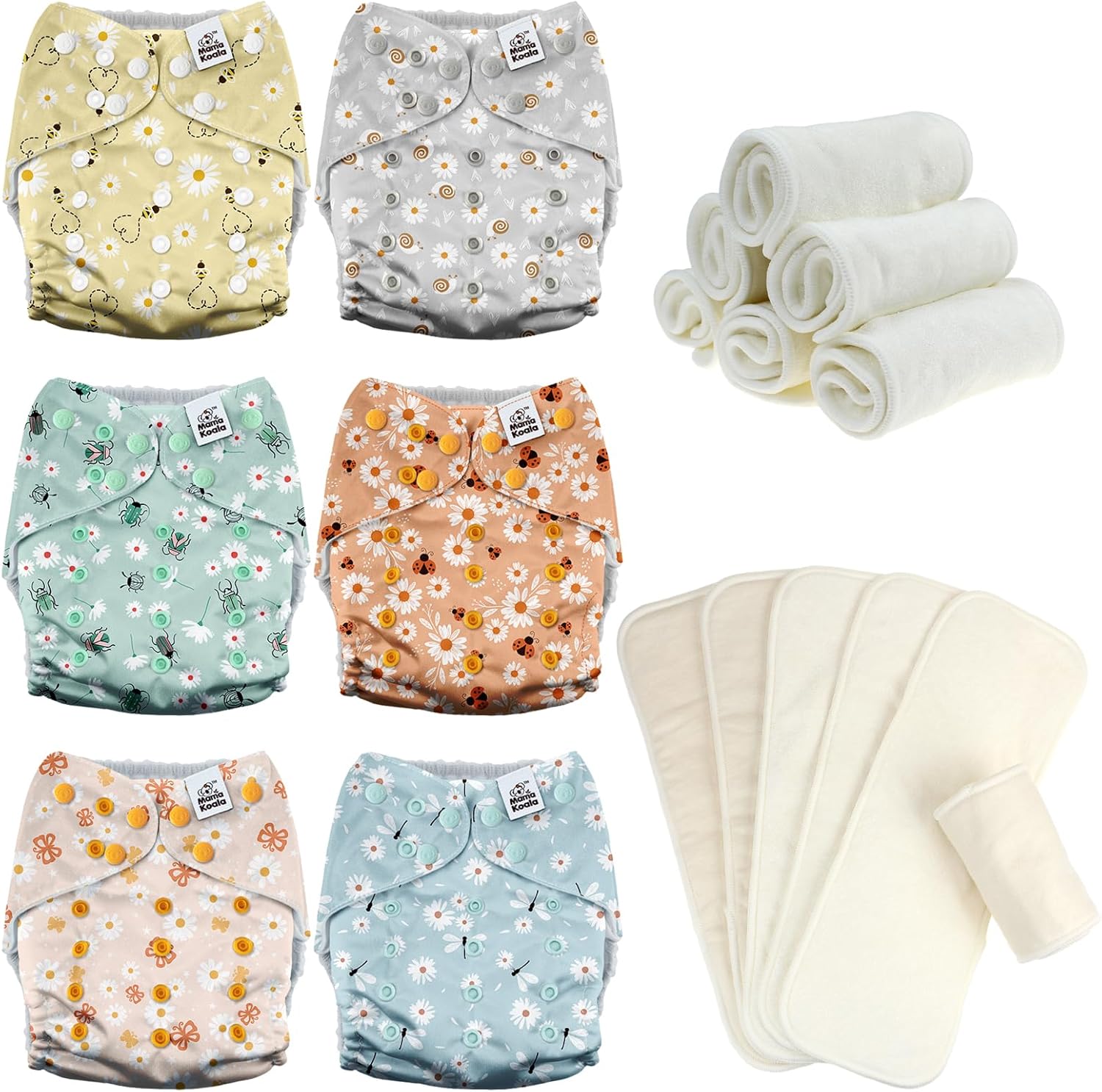 Mama Koala 3.0 Baby Cloth Diapers with 6 Inserts Bundle(Garden Beetles), with 6 Pack 6-Layer Bboo Hemp Cotton Inserts