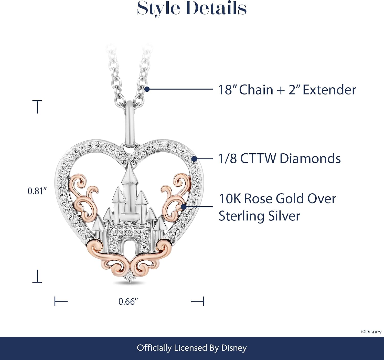 Enchanted Disney Fine Jewelry Sterling Silver and 10K Rose Gold 1/8 Cttw Natural White Round Diamond Majestic Castle Heart Pendant Necklace, 18" Cable Chain