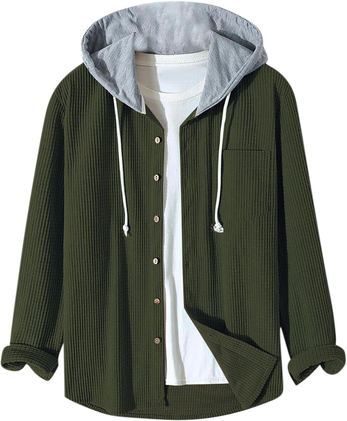 Corduroy Shirt Men Jacket Casual Waffle Long Sleeve Jackets Button Down Sweatshirts Hoodies Running Hooded Tee Coats
