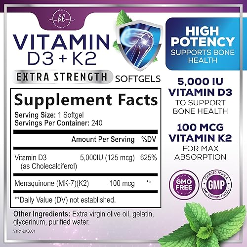 Miniatura 2 de Vitamina D3 K2  Vitamina D3 (5000 iu) y 100 mcg de vitamina K2 (MK-7) Complejo para apoyo inmunológico y salud ósea, dientes y muscular, fácil de
