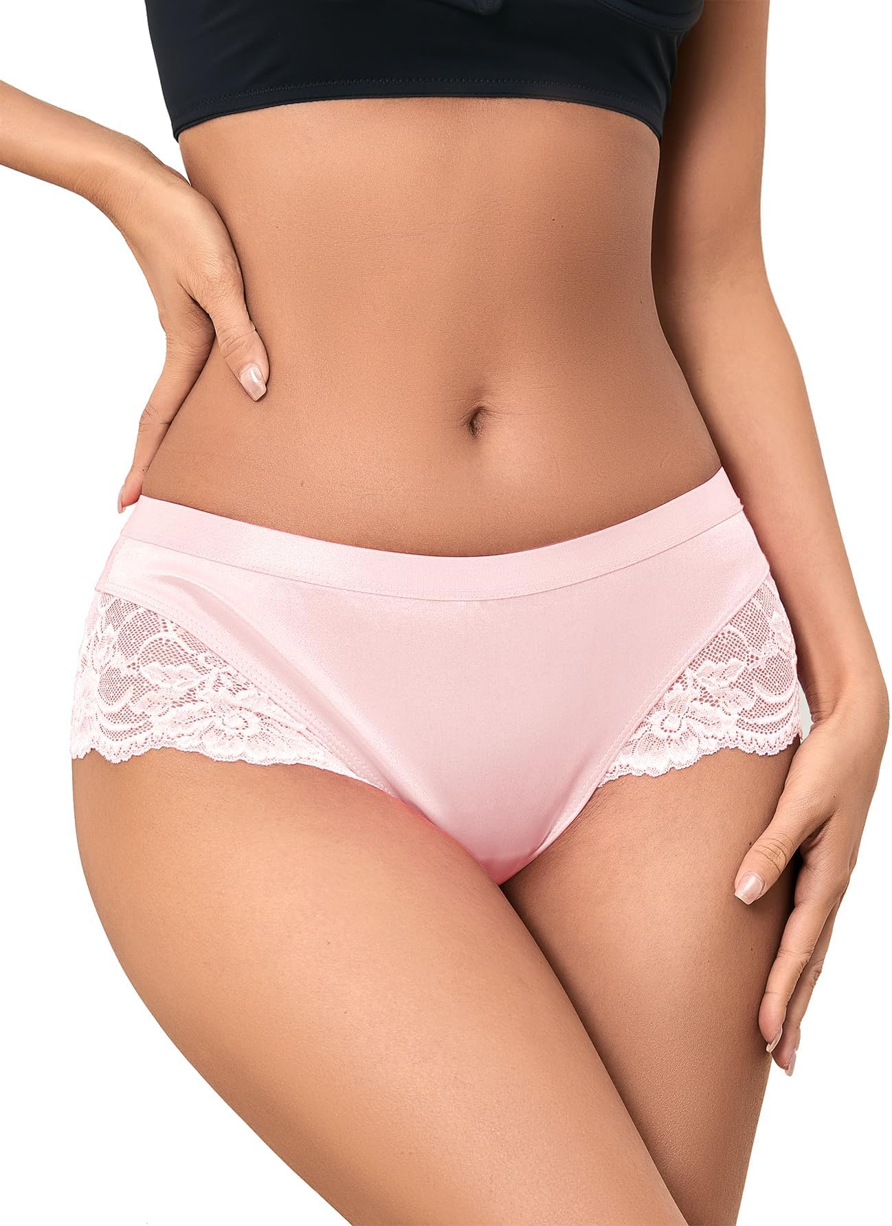 MilumiaWomen Sexy Lace Satin Silk Panties Underwear Mid Waist Breathable Bikini Briefs