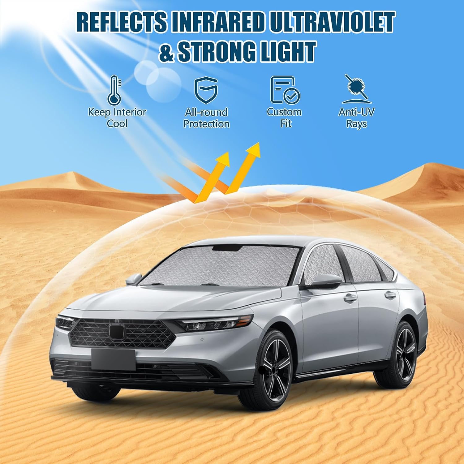 Windshield Sun Shade Custom Fit for 2023-2025 Honda Accord, Foldable Sunshade Side Rear Window Full Shade Cover Privacy Protection Keeps Car Cool