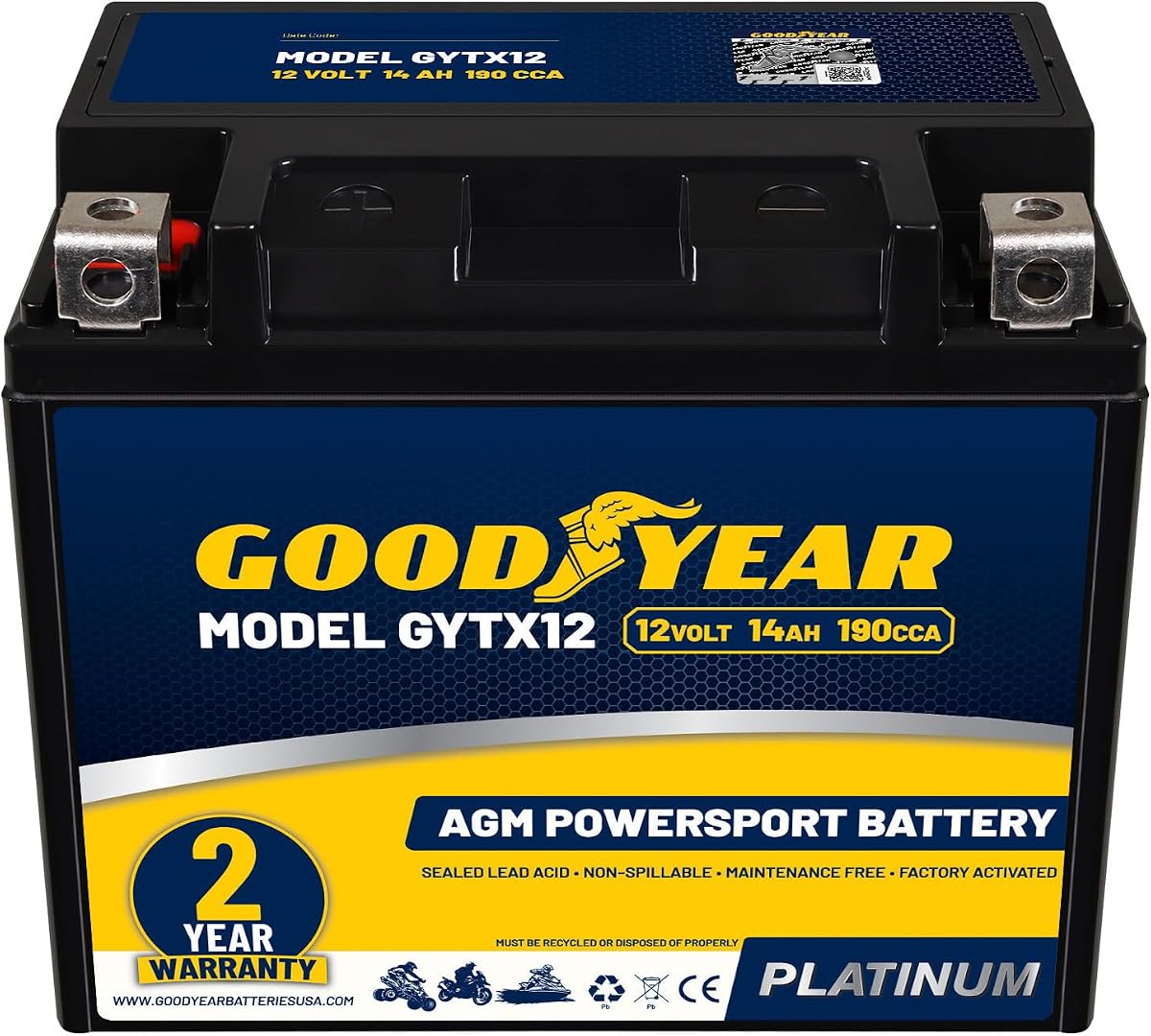 Goodyear GYTX12-12 Volt 14 AH, 190 CCA, Rechargeable High-Performance, Maintenance Free, SLA - AGM Battery for Motorcycle, ATV, UTV, 4-Wheeler, Snowmobile, Watercraft and more!