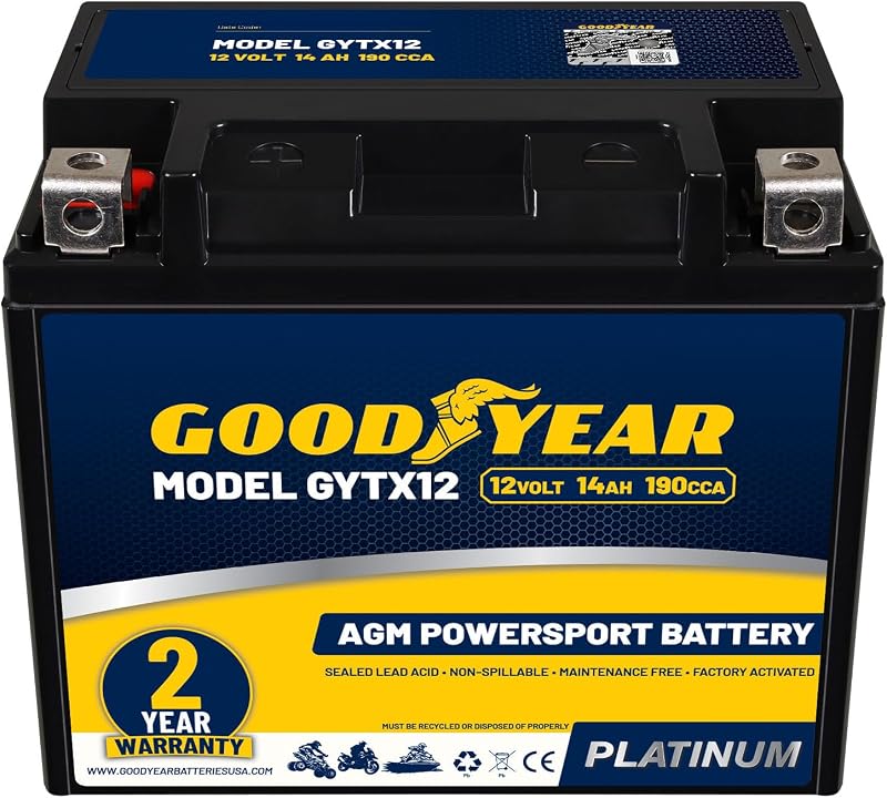Goodyear GYTX12-12 Volt 14 AH, 190 CCA, Rechargeable High-Performance, Maintenance Free, SLA - AGM Battery for Motorcycle, ATV, UTV, 4-Wheeler, Snowmobile, Watercraft and more!